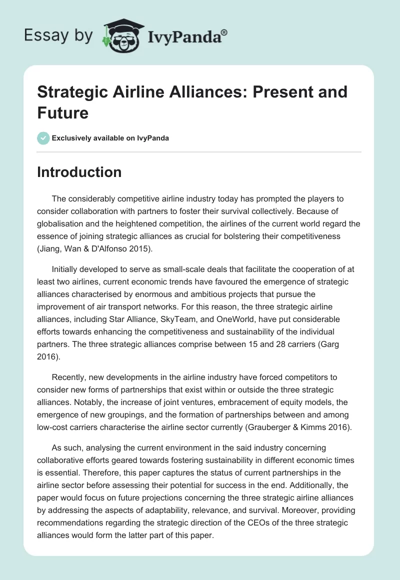 Strategic Airline Alliances: Present and Future. Page 1