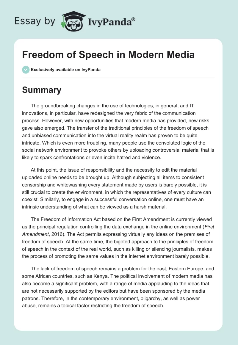 Freedom of Speech in Modern Media. Page 1