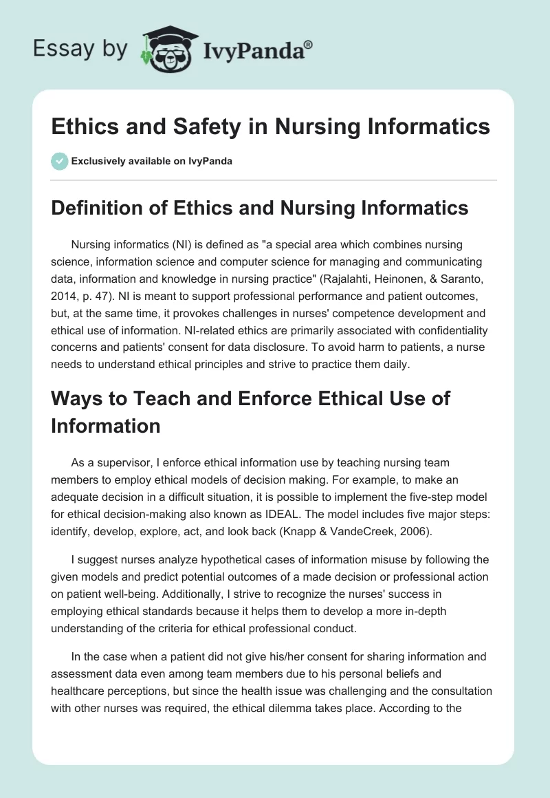 Ethics and Safety in Nursing Informatics. Page 1