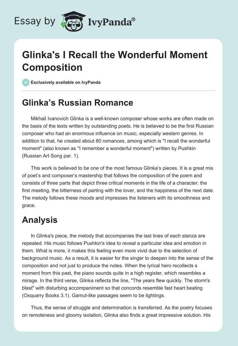 Glinka's "I Recall the Wonderful Moment" Composition. Page 1