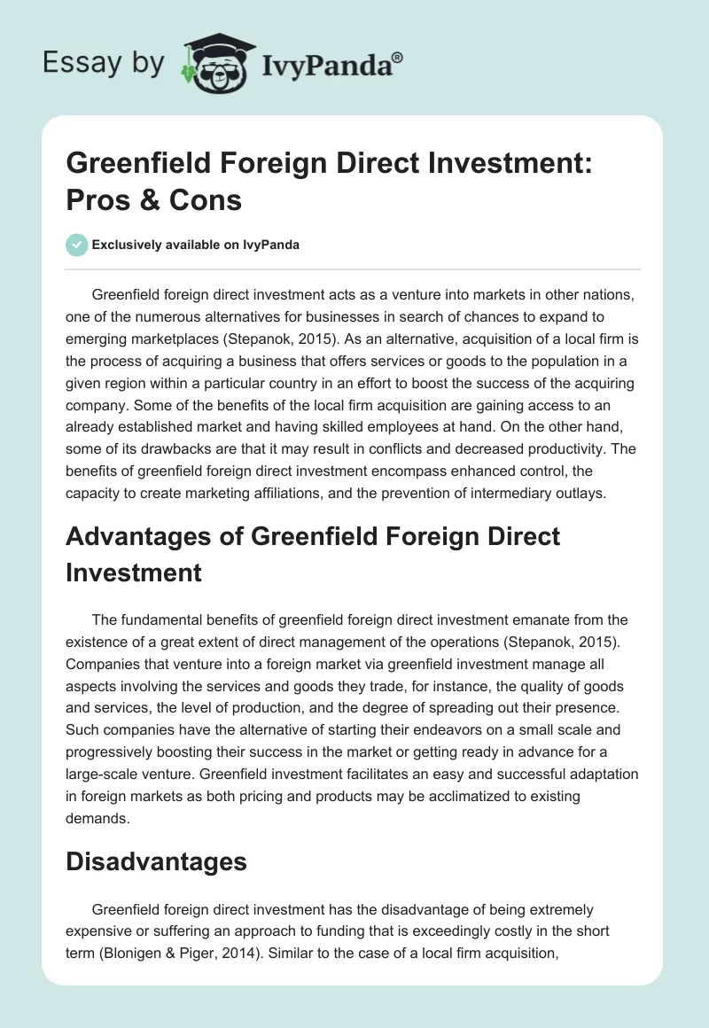 Greenfield Foreign Direct Investment: Pros & Cons. Page 1