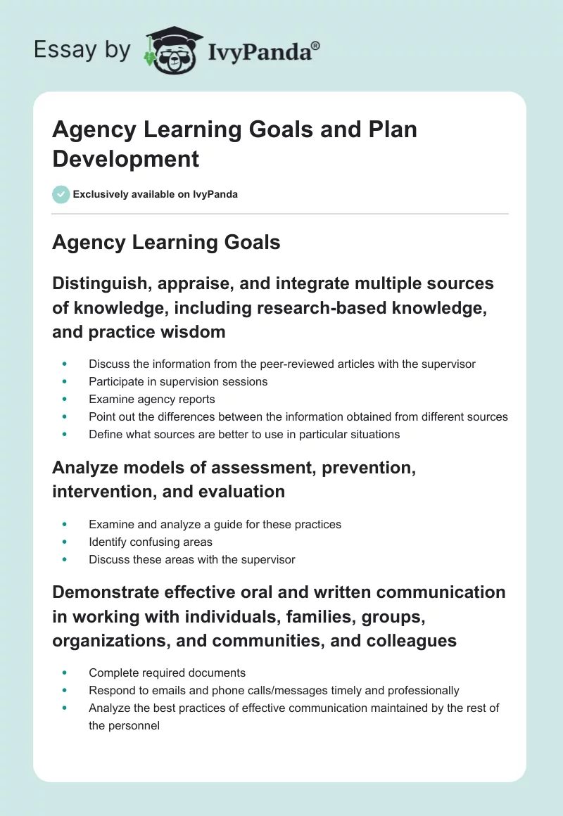 Agency Learning Goals and Plan Development. Page 1