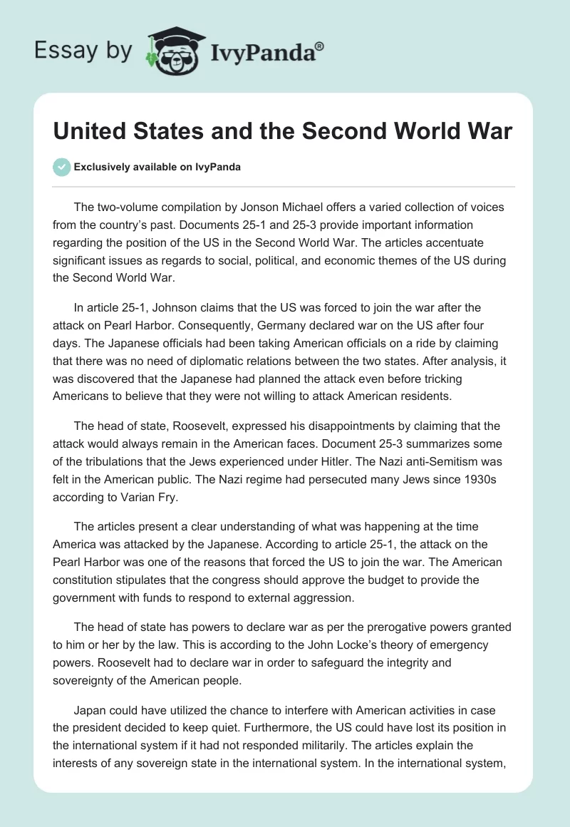 United States and the Second World War. Page 1
