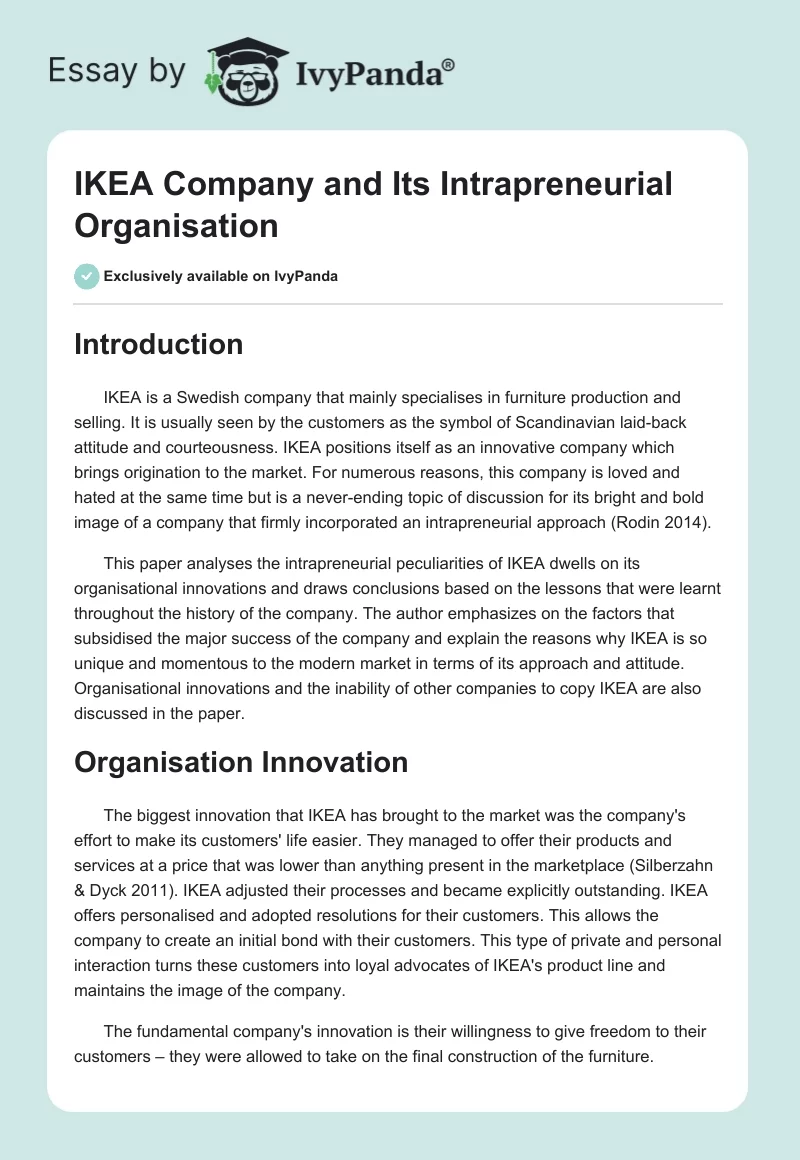IKEA Company and Its Intrapreneurial Organisation. Page 1