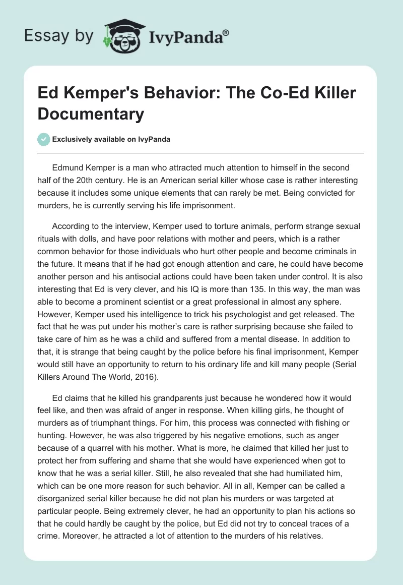 Ed Kemper's Behavior: The Co-Ed Killer Documentary. Page 1