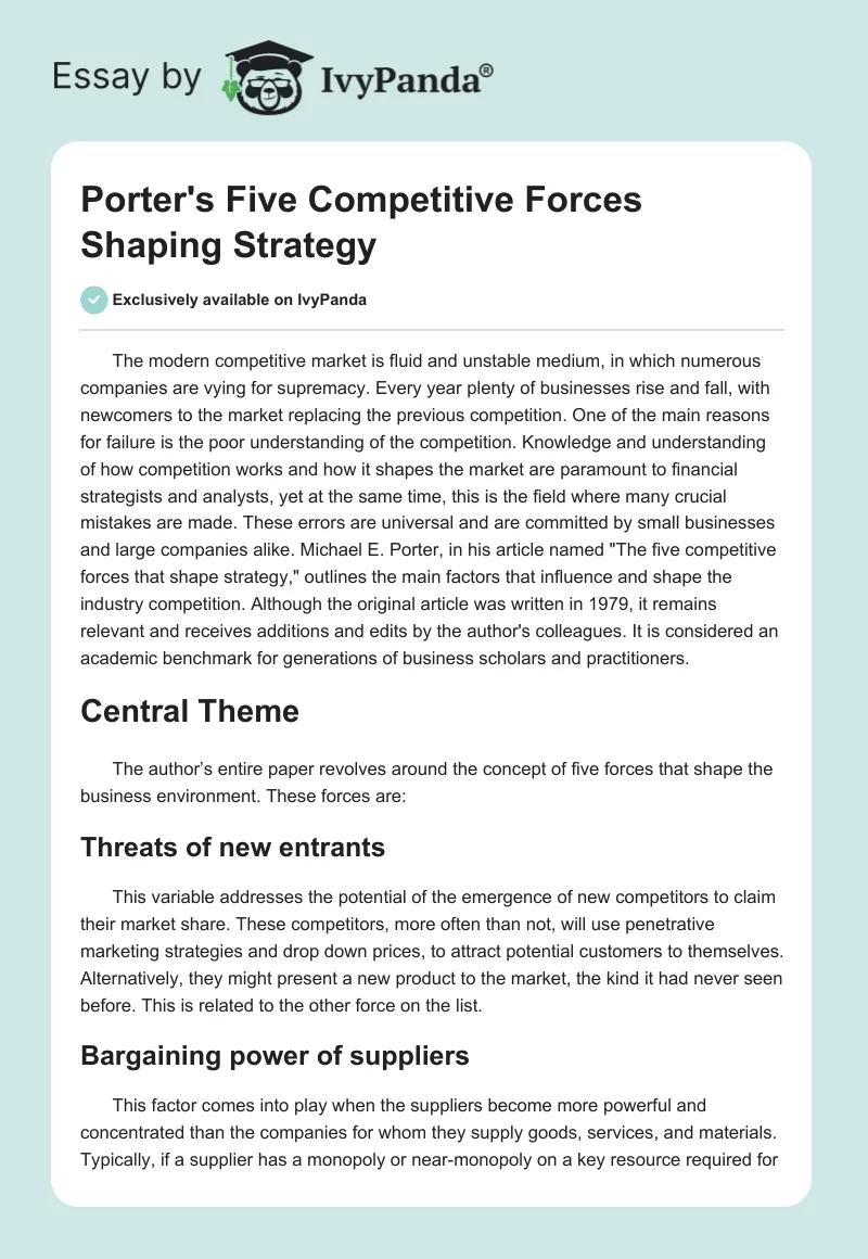 Porter's Five Competitive Forces Shaping Strategy. Page 1
