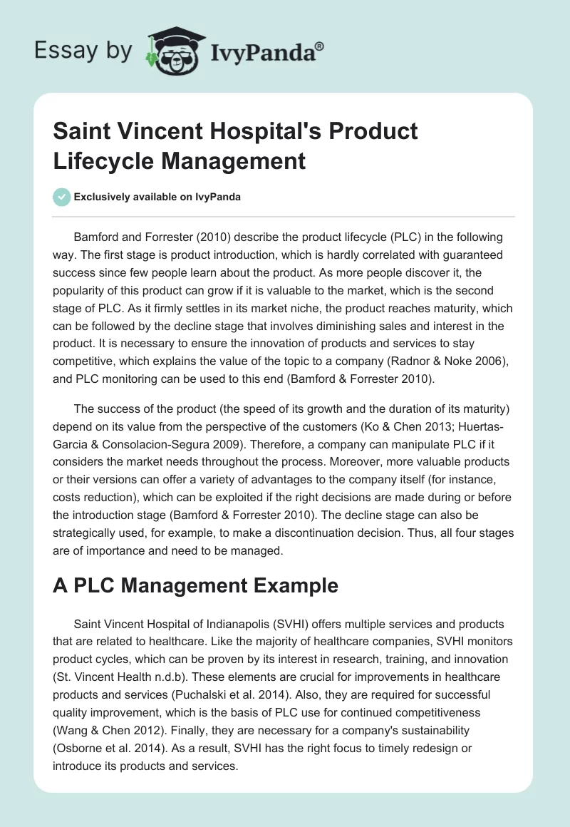 Saint Vincent Hospital's Product Lifecycle Management. Page 1