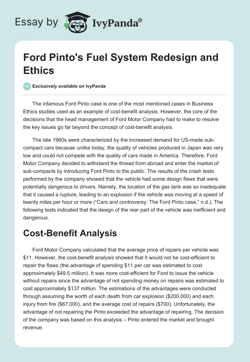 Ford Pinto's Fuel System Redesign and Ethics. Page 1