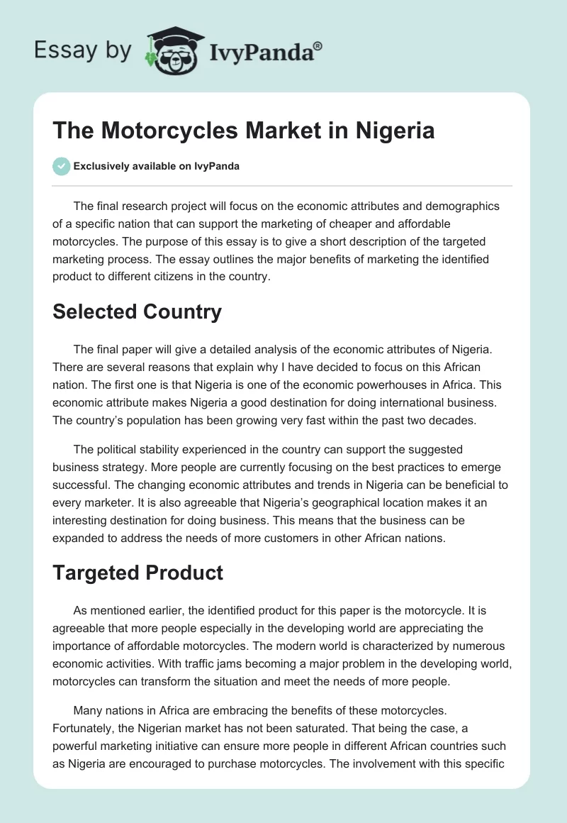 The Motorcycles Market in Nigeria. Page 1