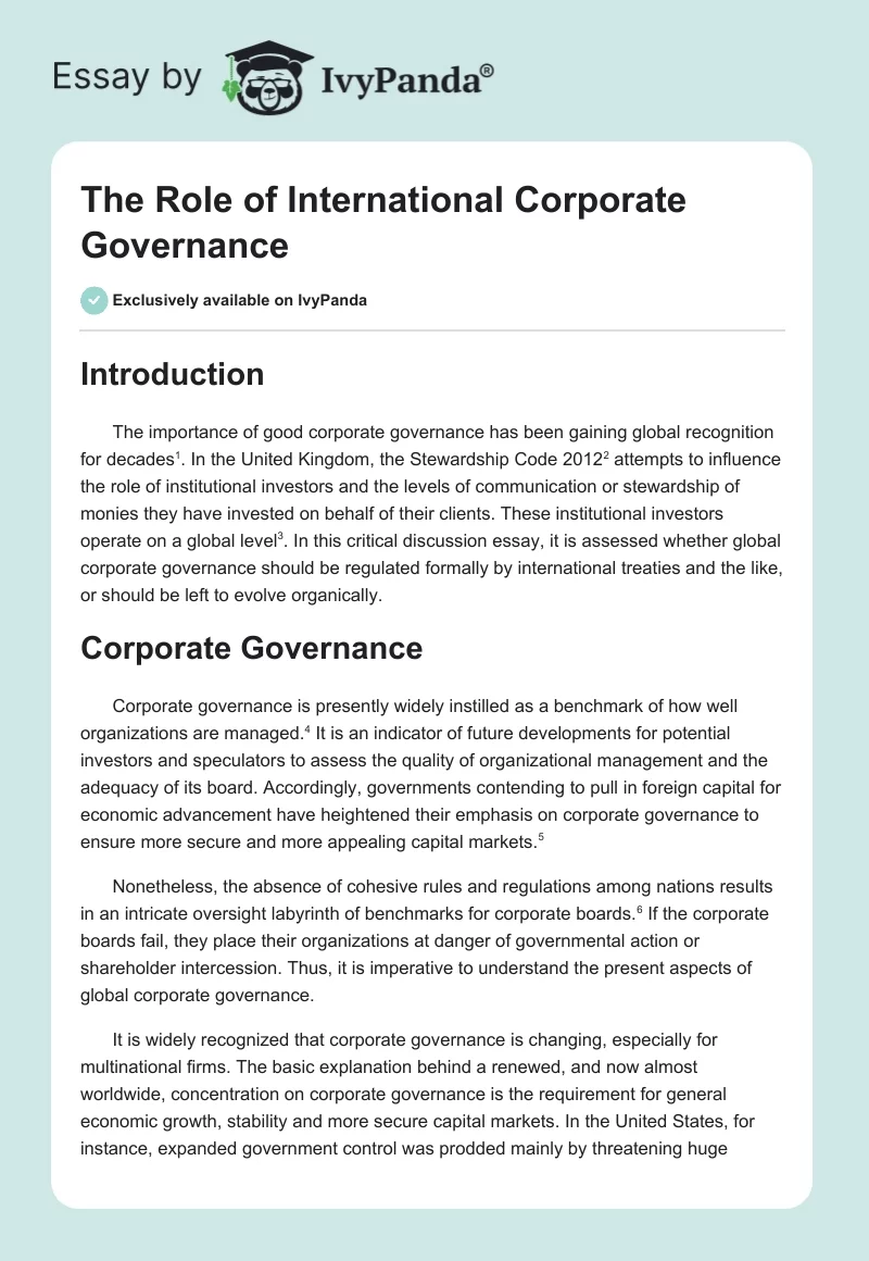 The Role of International Corporate Governance. Page 1