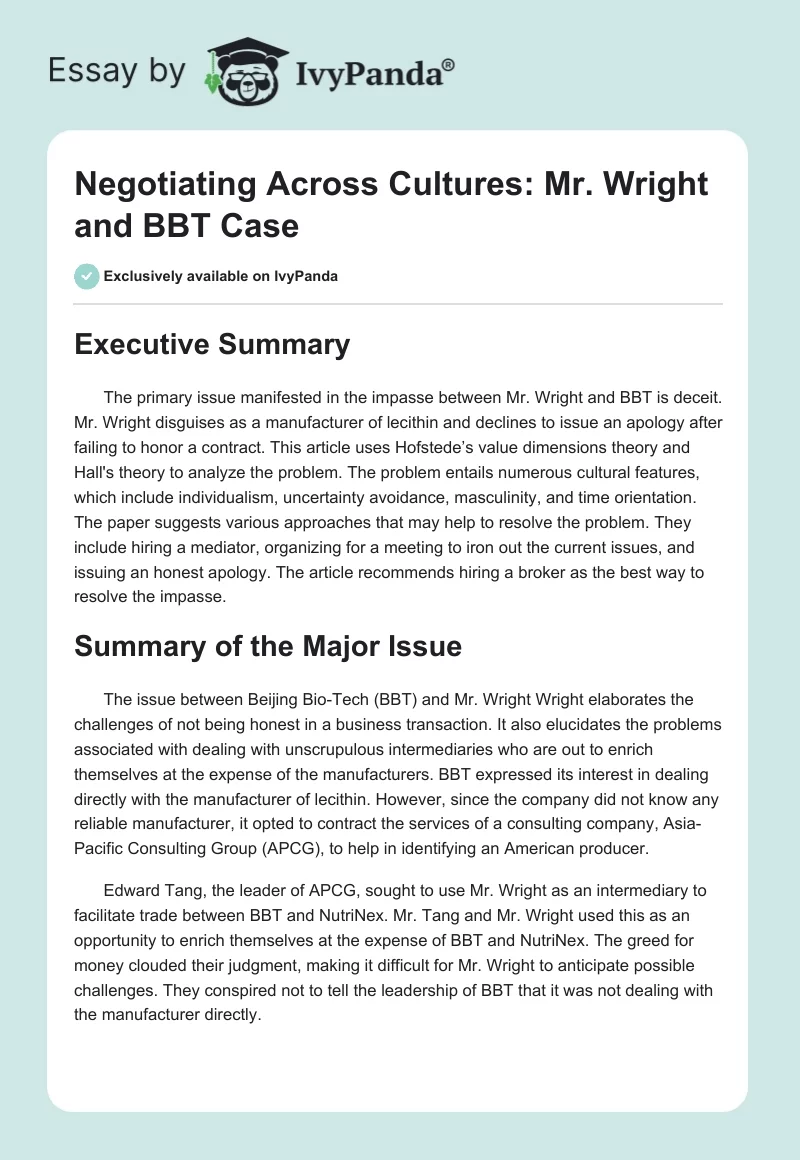 Negotiating Across Cultures: Mr. Wright and BBT Case. Page 1