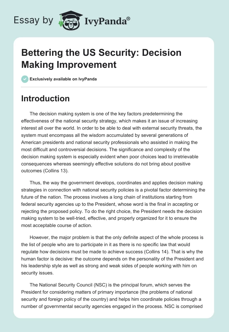 Bettering the US Security: Decision Making Improvement. Page 1