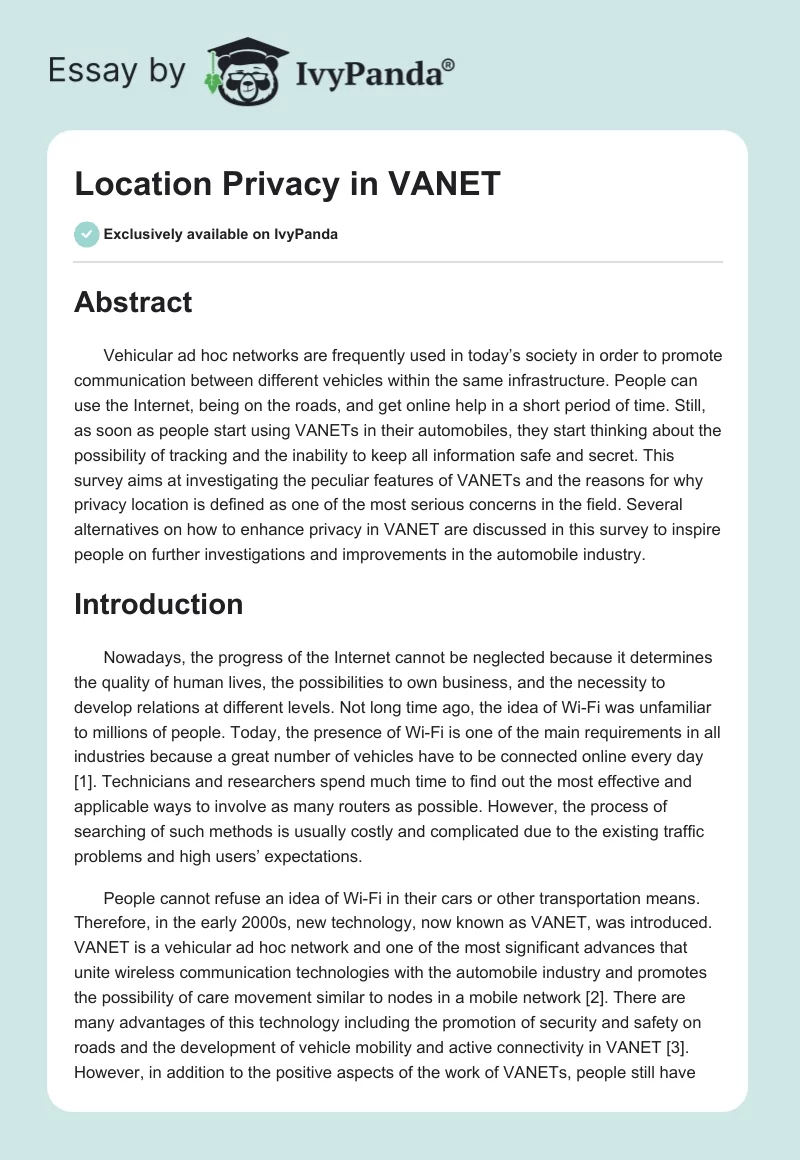 Location Privacy in VANET. Page 1