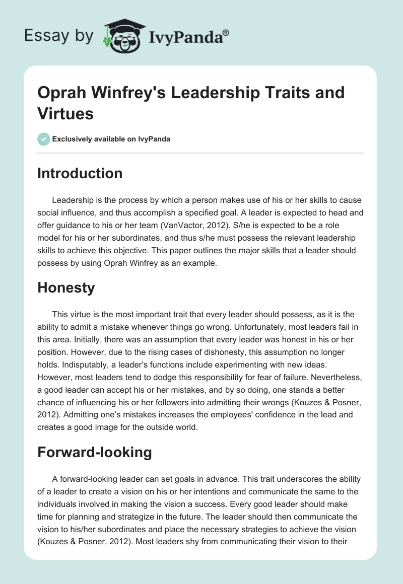 Oprah Winfrey's Leadership Traits and Virtues. Page 1