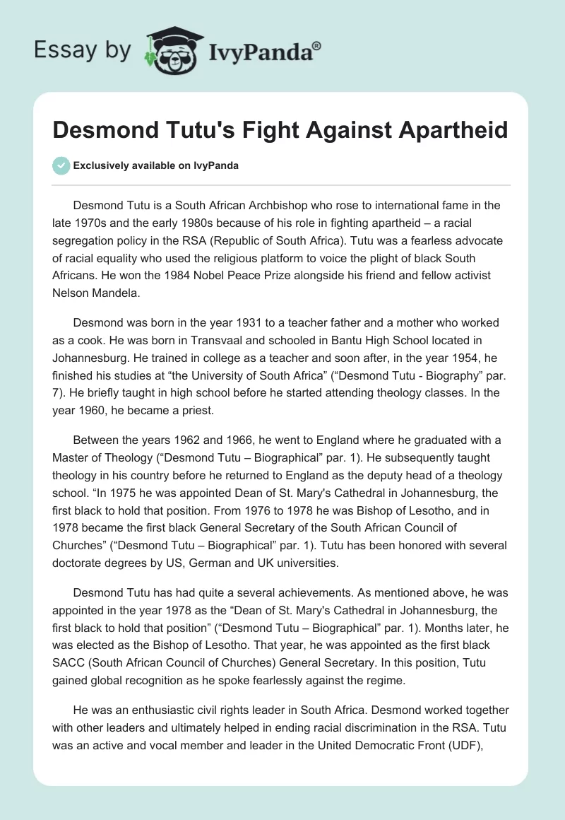 Desmond Tutu's Fight Against Apartheid. Page 1