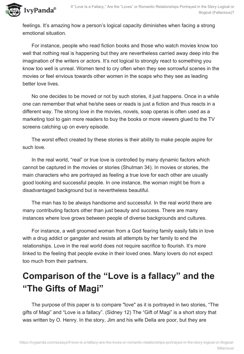 If “Love Is a Fallacy,” Are the “Loves” or Romantic Relationships Portrayed in the Story Logical or Illogical (Fallacious)?. Page 2