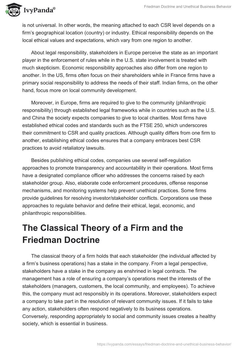 Friedman Doctrine and Unethical Business Behavior. Page 2