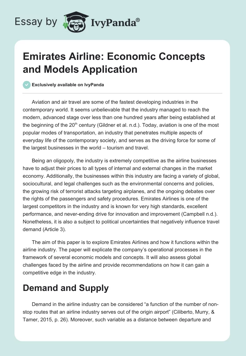 Emirates Airline: Economic Concepts and Models Application. Page 1