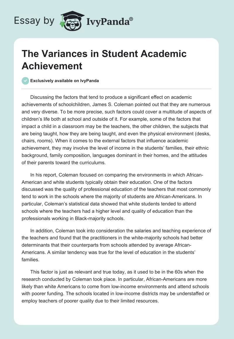 The Variances in Student Academic Achievement. Page 1