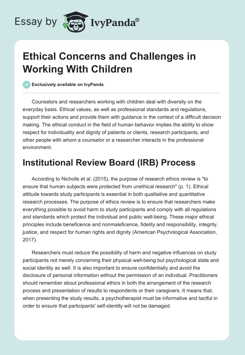 Ethical Concerns and Challenges in Working With Children. Page 1