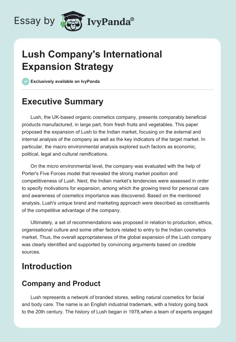 Lush Company's International Expansion Strategy. Page 1