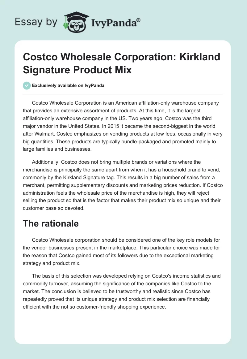 Costco Wholesale Corporation: Kirkland Signature Product Mix. Page 1