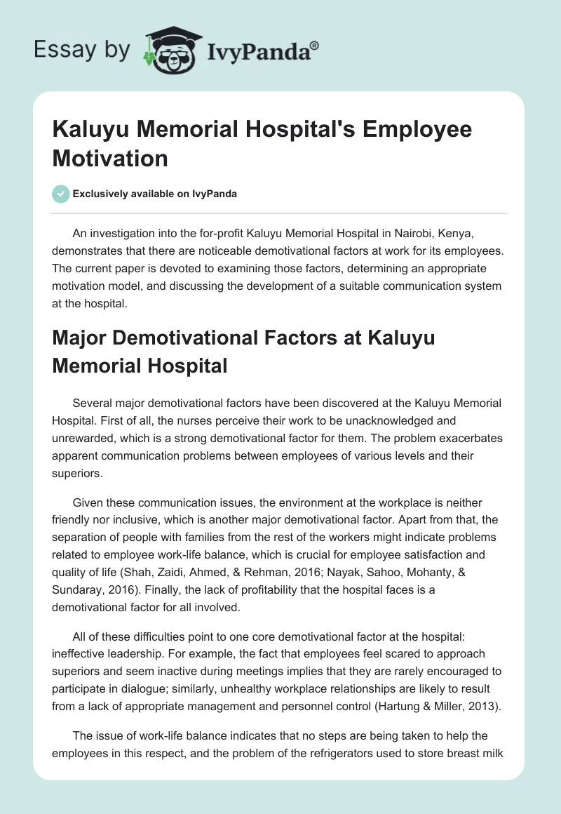 Kaluyu Memorial Hospital's Employee Motivation. Page 1