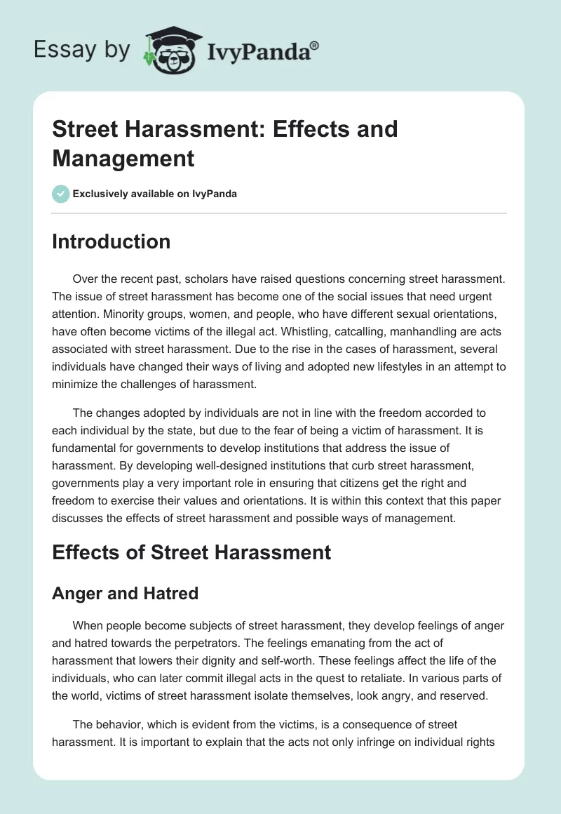 Street Harassment: Effects and Management. Page 1