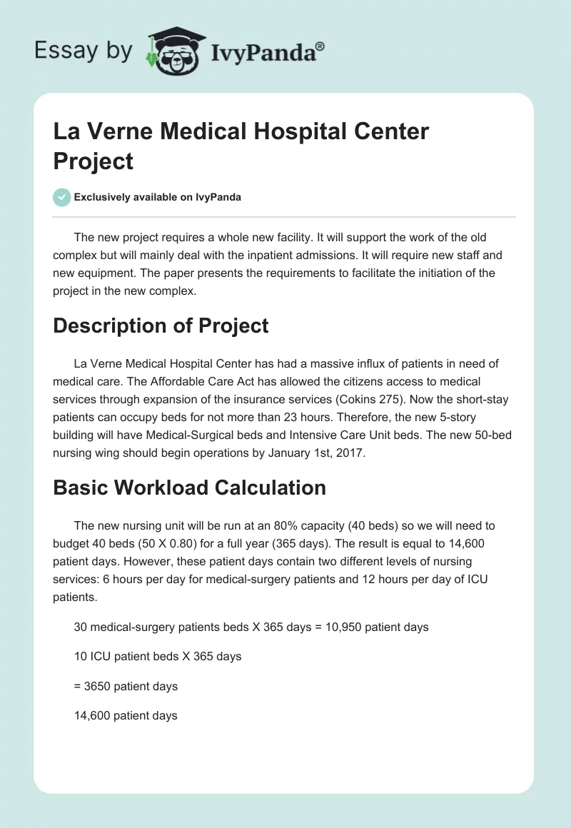 La Verne Medical Hospital Center Project. Page 1