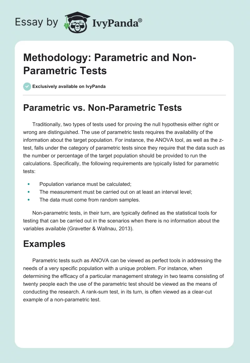 Methodology: Parametric and Non-Parametric Tests. Page 1