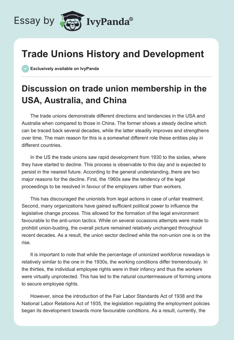 Trade Unions History and Development. Page 1