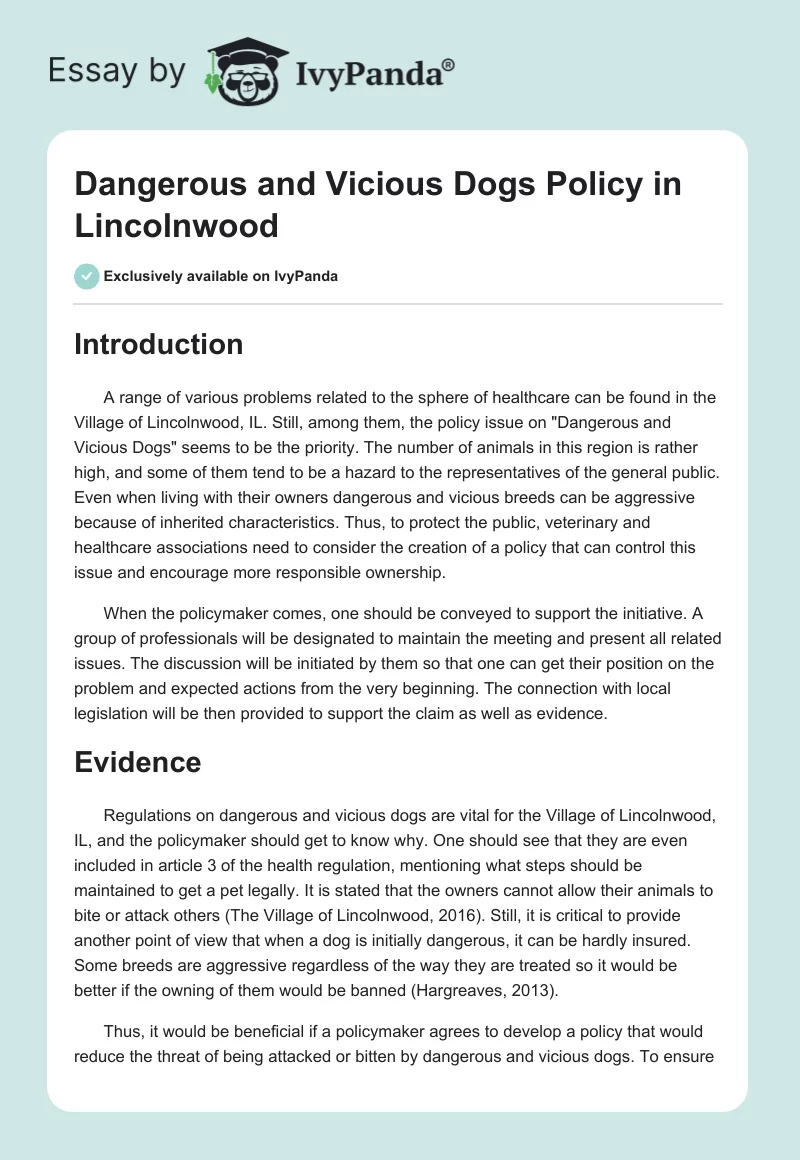 Dangerous and Vicious Dogs Policy in Lincolnwood. Page 1