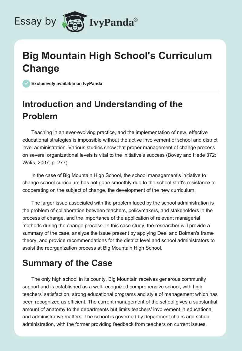Big Mountain High School's Curriculum Change. Page 1