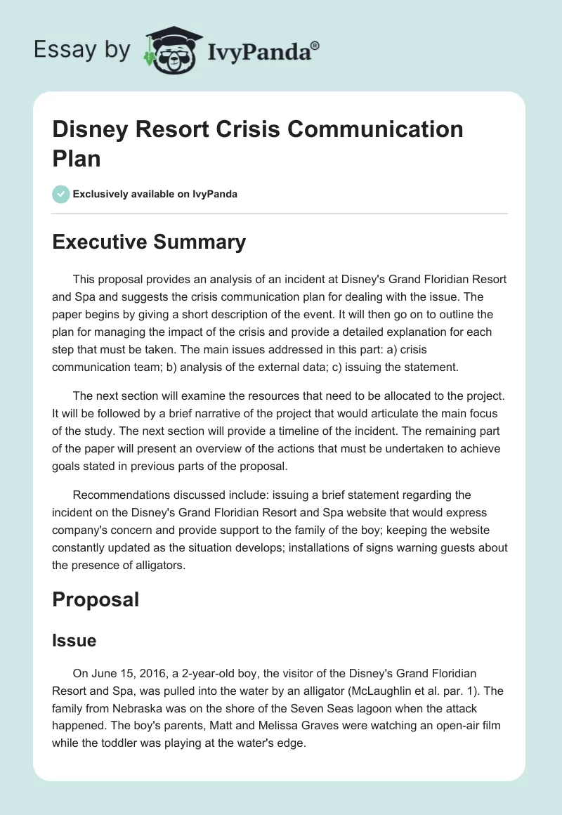 Disney Resort Crisis Communication Plan. Page 1