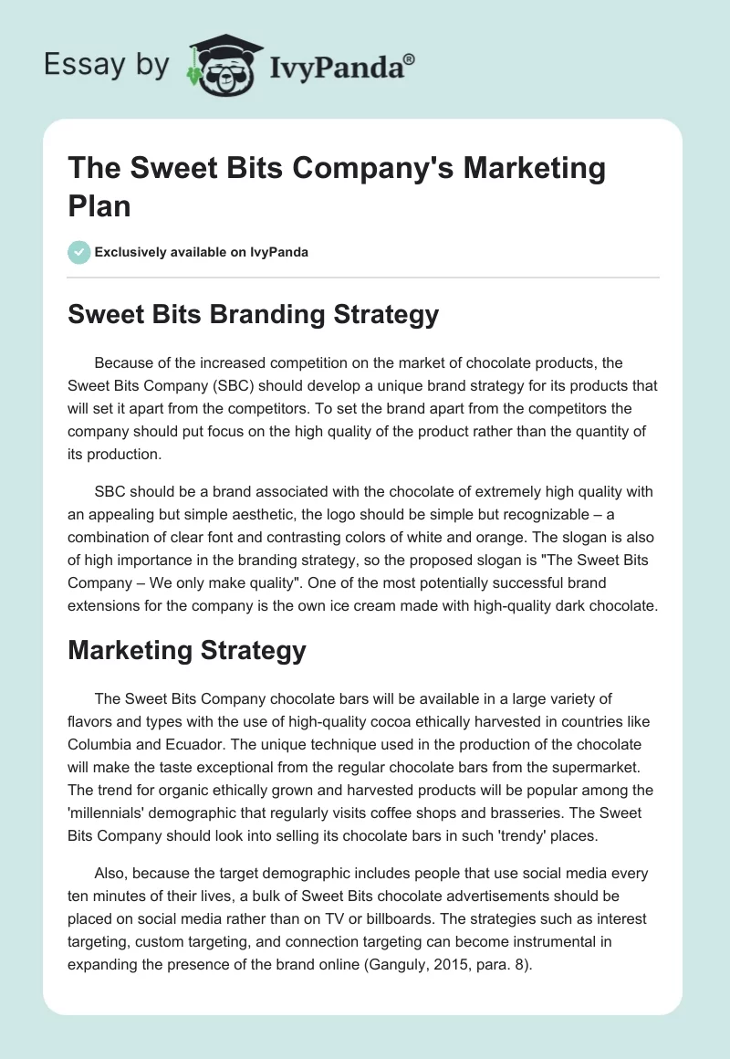 The Sweet Bits Company's Marketing Plan. Page 1