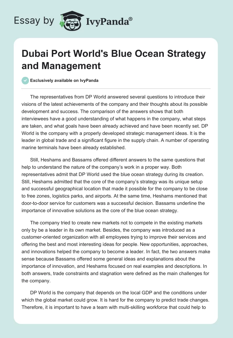 Dubai Port World's Blue Ocean Strategy and Management. Page 1