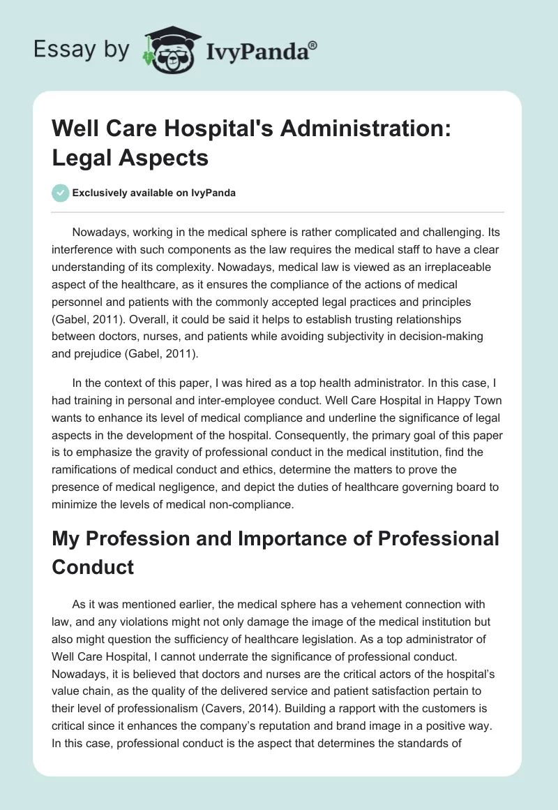 Well Care Hospital's Administration: Legal Aspects. Page 1