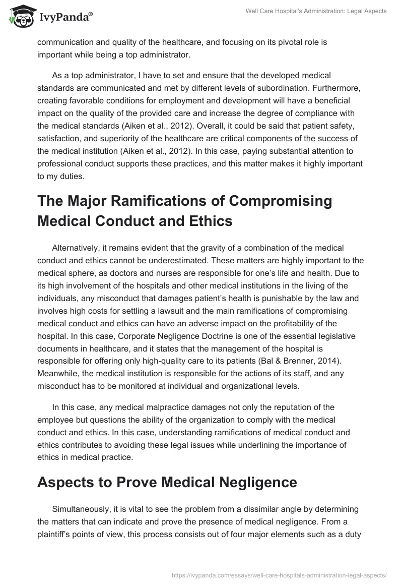 Well Care Hospital's Administration: Legal Aspects. Page 2