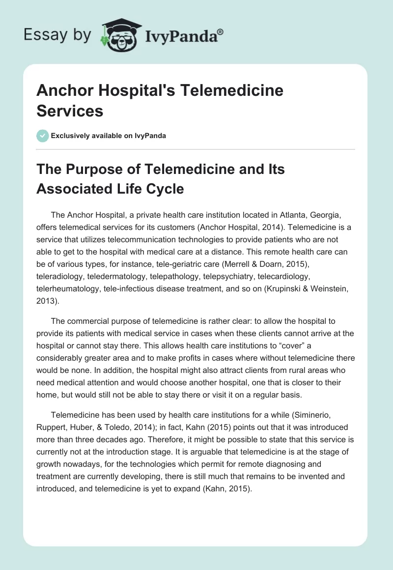 Anchor Hospital's Telemedicine Services. Page 1