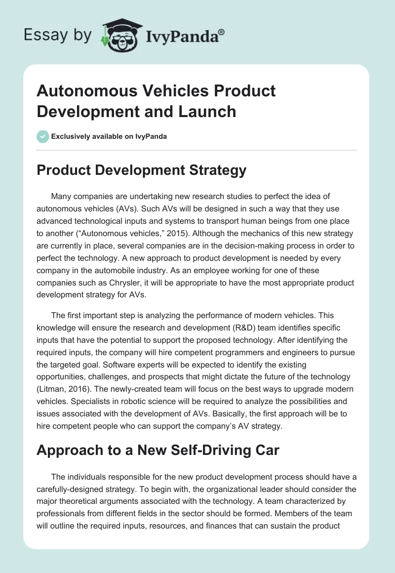 Autonomous Vehicles Product Development and Launch. Page 1