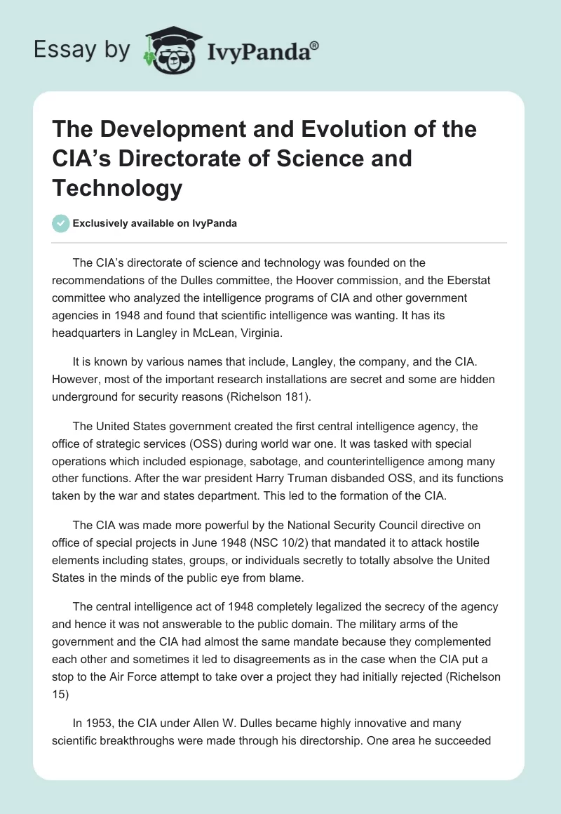 The Development and Evolution of the CIA’s Directorate of Science and Technology. Page 1