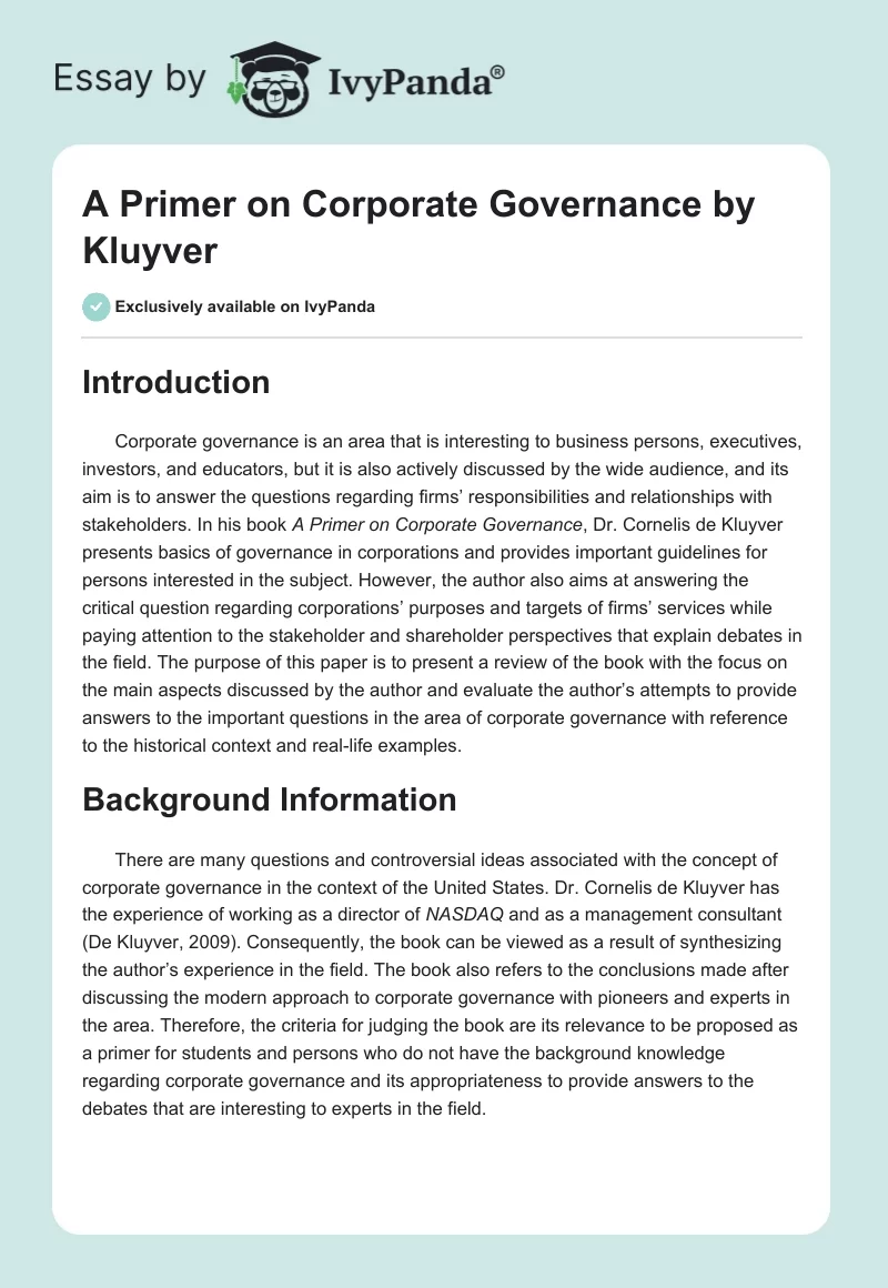 "A Primer on Corporate Governance" by Kluyver. Page 1