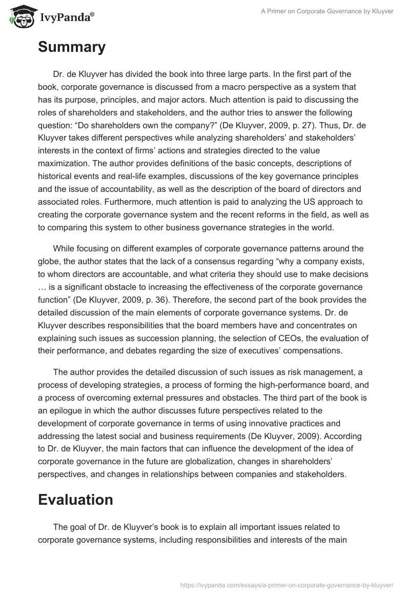 "A Primer on Corporate Governance" by Kluyver. Page 2