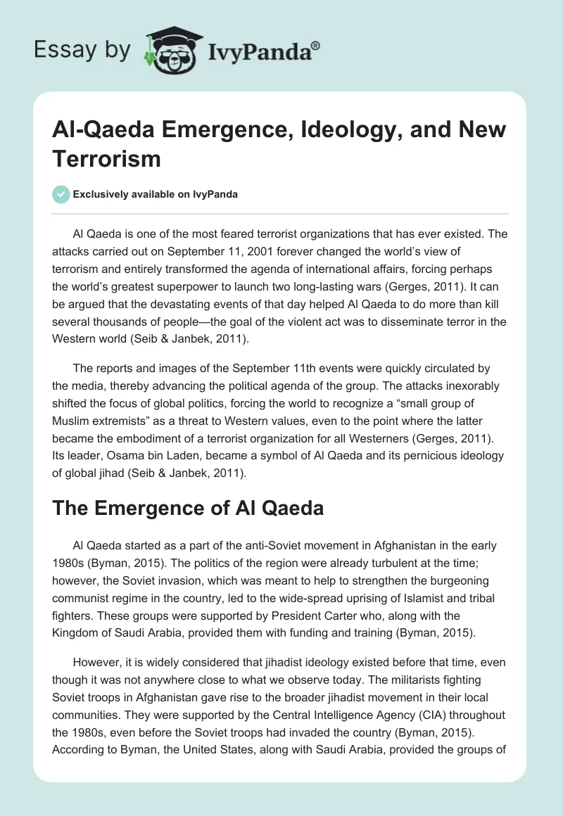 Al-Qaeda Emergence, Ideology, and New Terrorism. Page 1