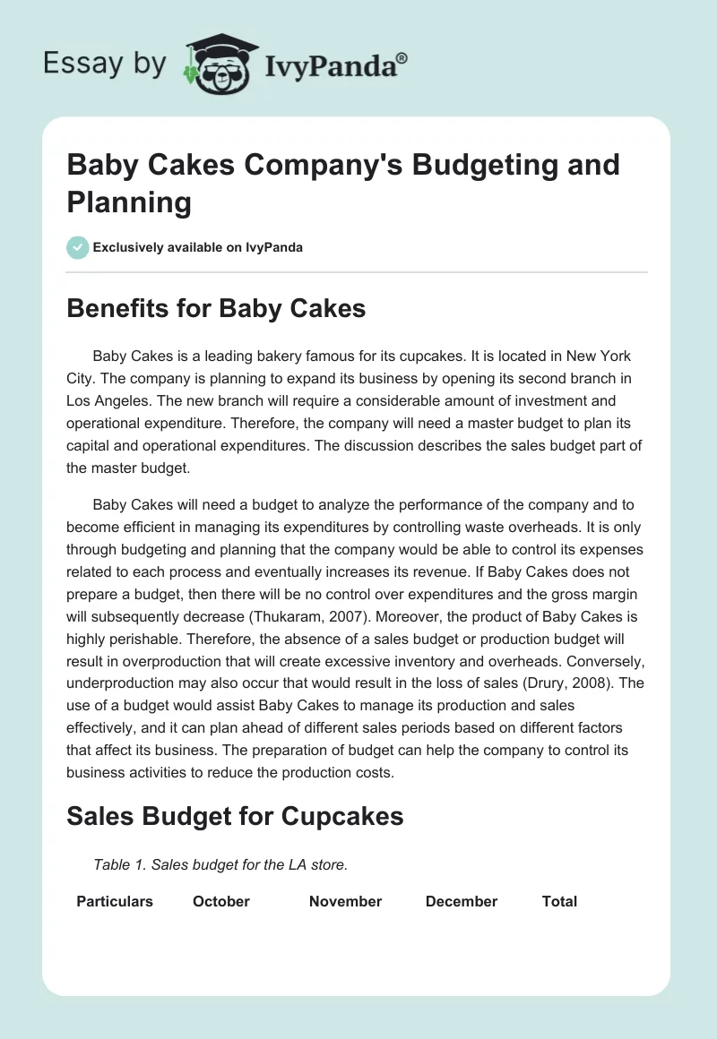 Baby Cakes Company's Budgeting and Planning. Page 1