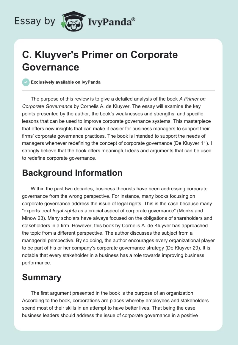 C. Kluyver's Primer on Corporate Governance. Page 1