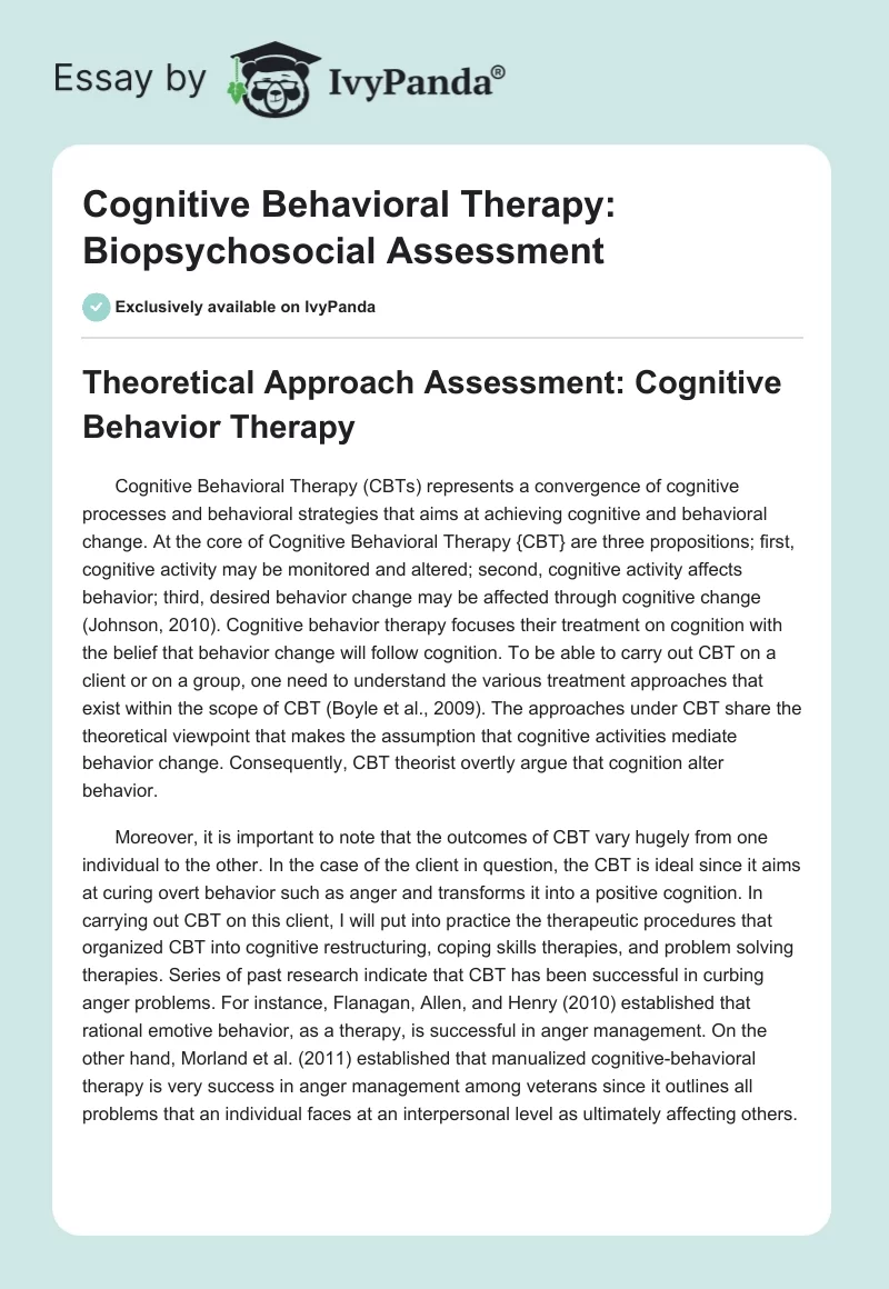 Cognitive Behavioral Therapy: Biopsychosocial Assessment. Page 1