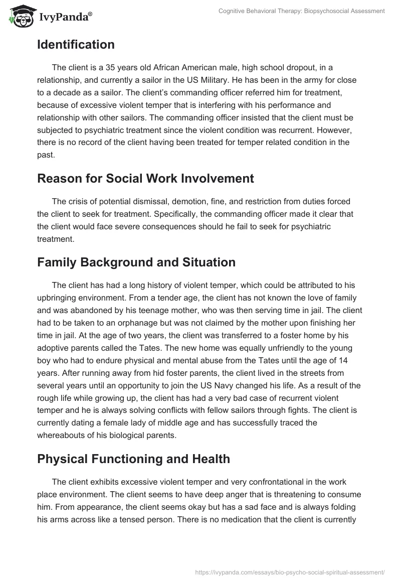 Cognitive Behavioral Therapy: Biopsychosocial Assessment. Page 2