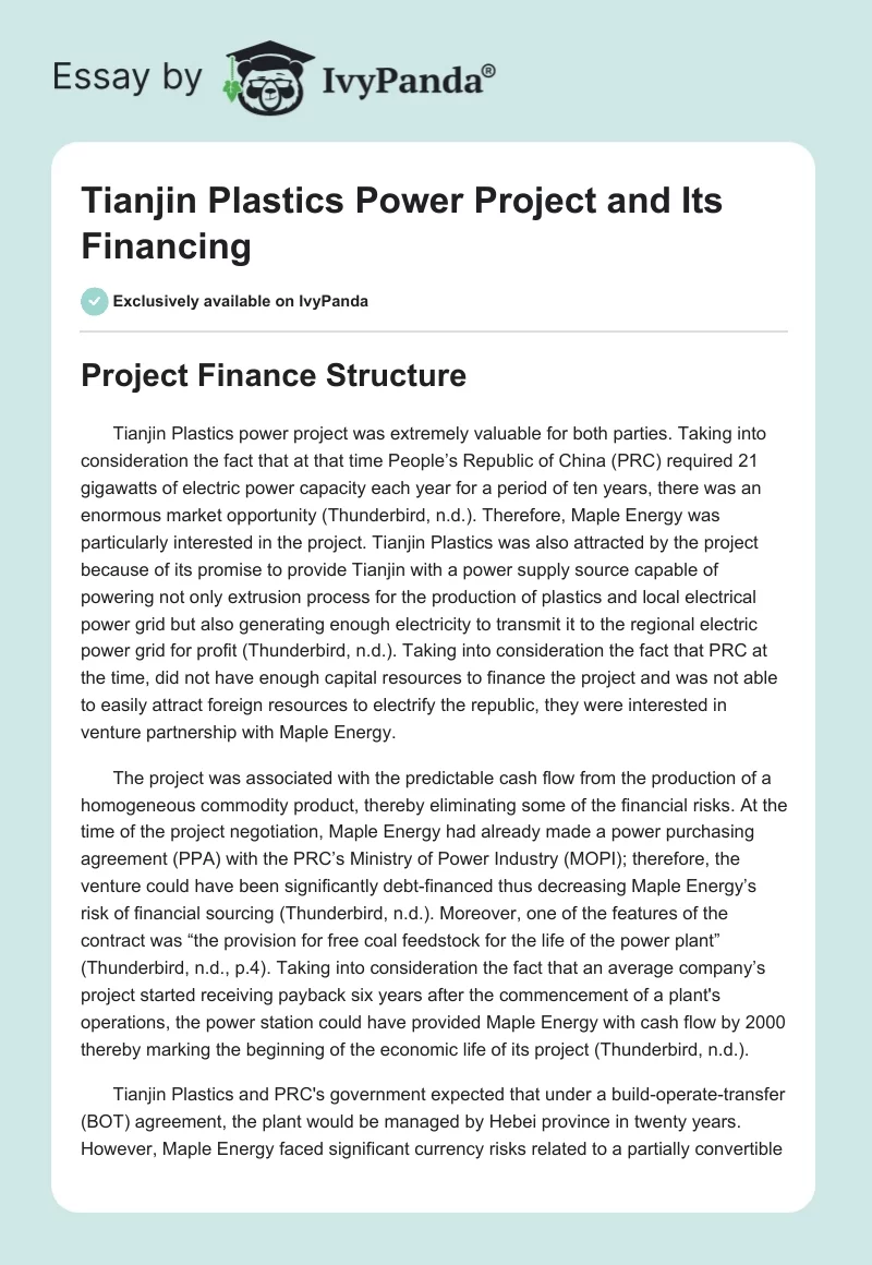 Tianjin Plastics Power Project and Its Financing. Page 1