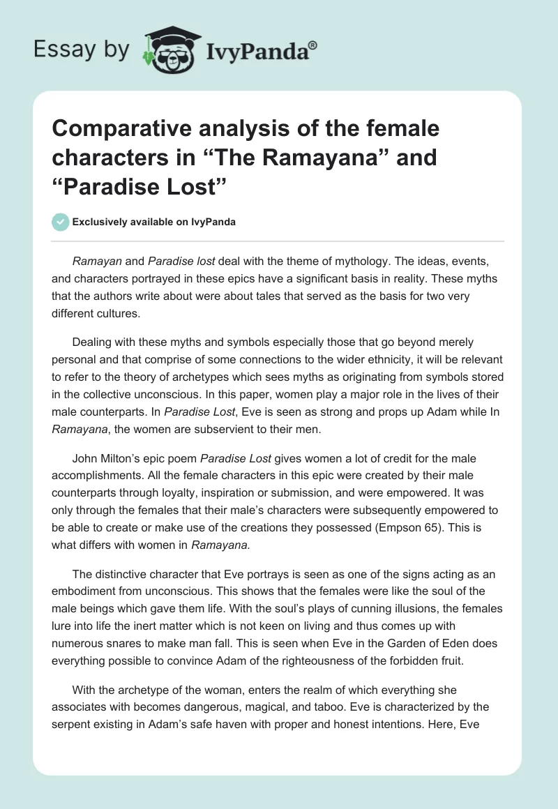 Comparative Analysis of the Female Characters in “The Ramayana” and “Paradise Lost”. Page 1